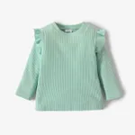 Toddler Girl Ruffled Casual Solid Ribbed Long-sleeve Top Light Green
