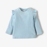 Toddler Girl Ruffled Casual Solid Ribbed Long-sleeve Top Light Blue