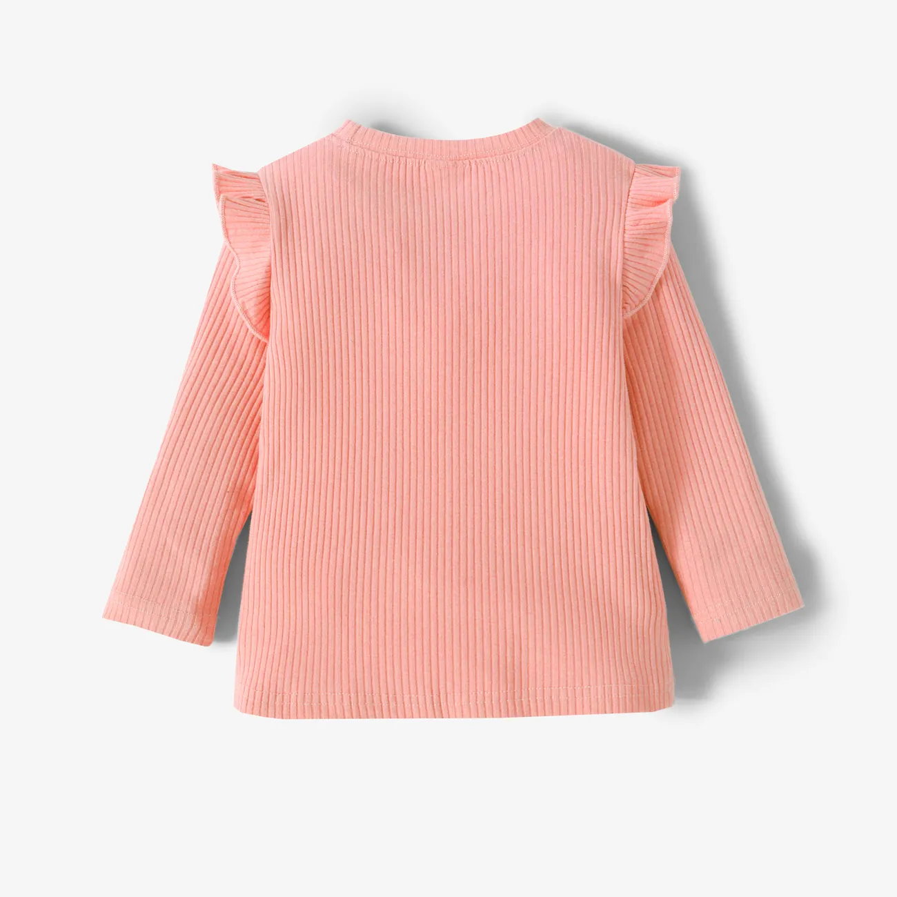 Toddler Girl Ruffled Casual Solid Ribbed Long-sleeve Top Pink big image 1