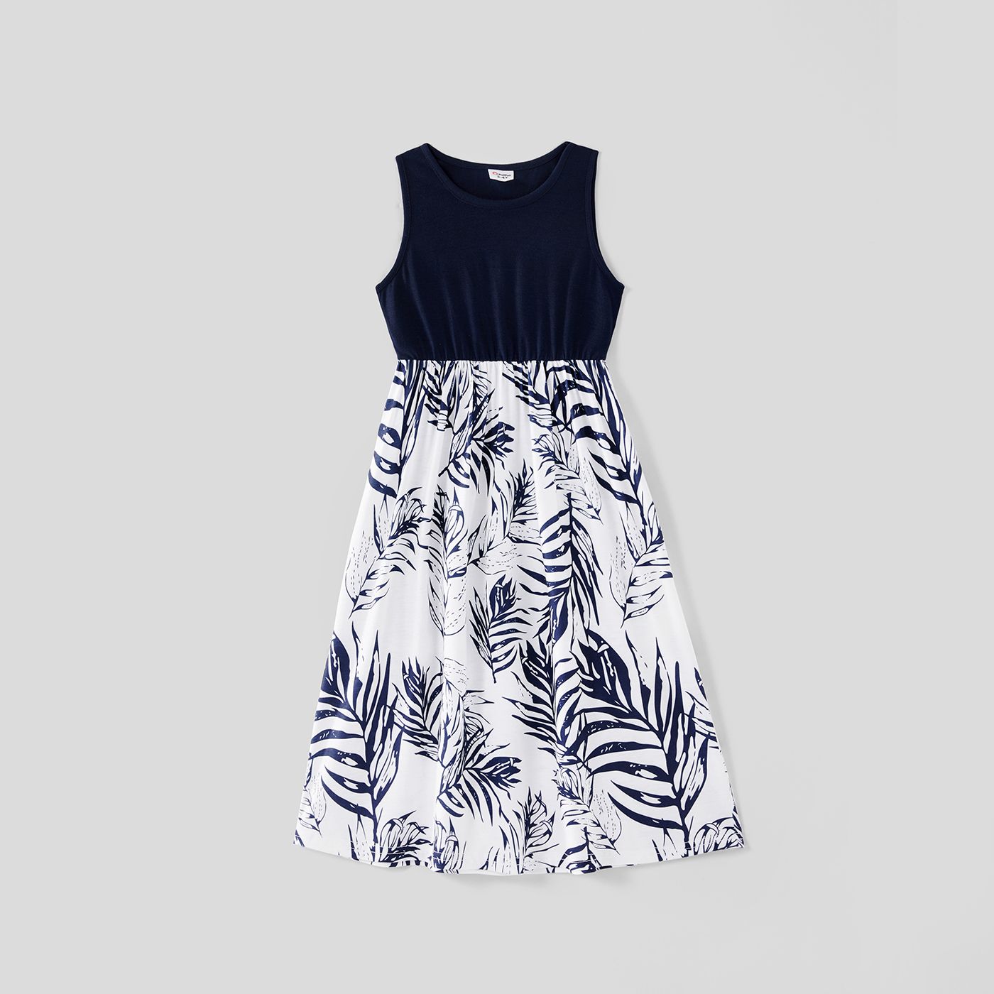 Family Matching Solid Splicing Plant Print Sleeveless Midi Dresses And Short-sleeve T-shirts Sets