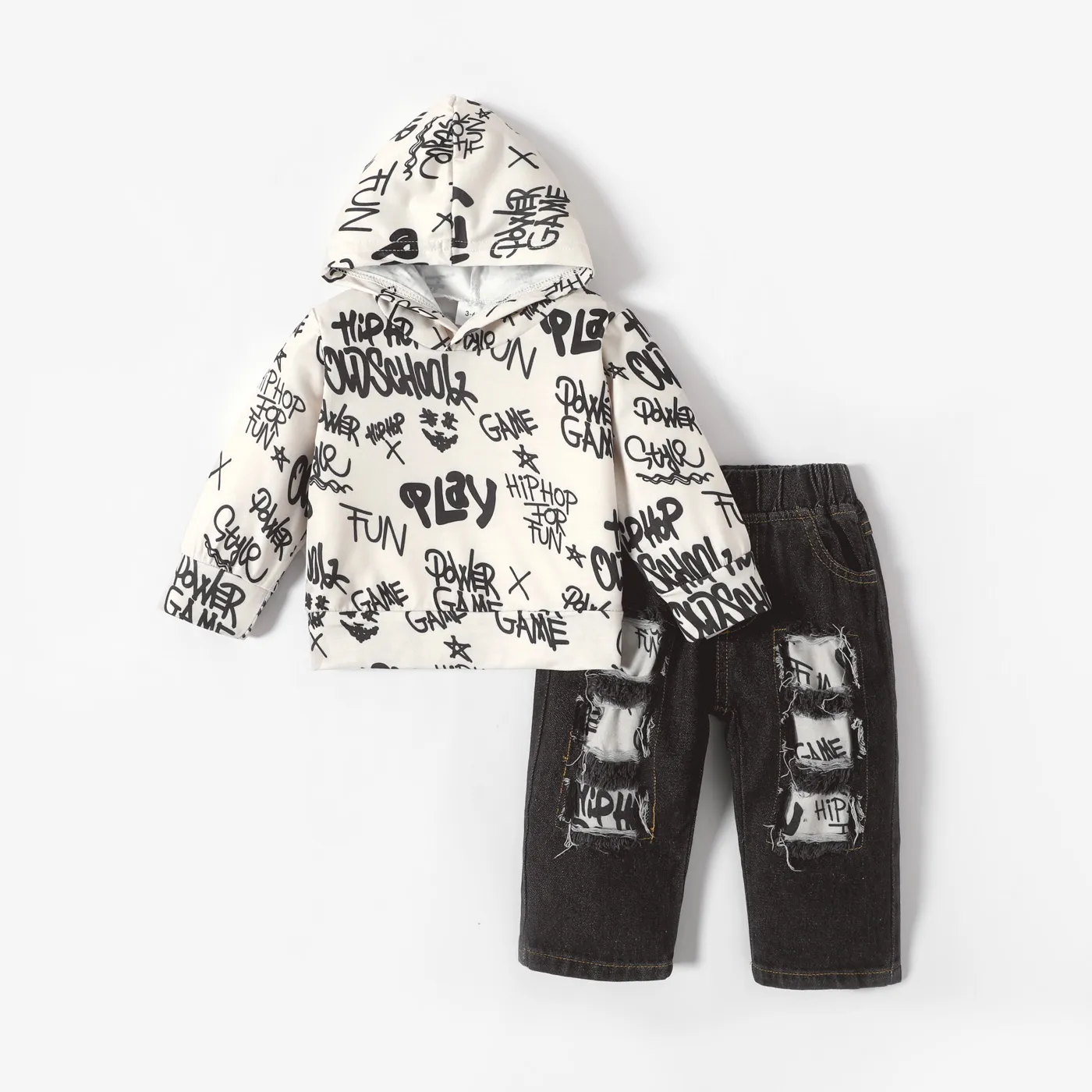 2pcs Baby Boy 95% Cotton Denim Ripped Jeans and All Over Graffiti Letter Print Long-sleeve Hoodie Set Color block big image 1