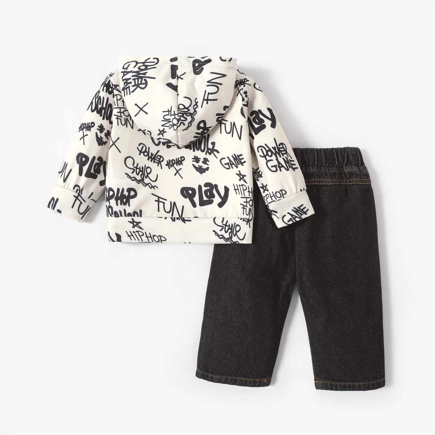 2pcs Baby Boy 95% Cotton Denim Ripped Jeans and All Over Graffiti Letter Print Long-sleeve Hoodie Set Color block image 2