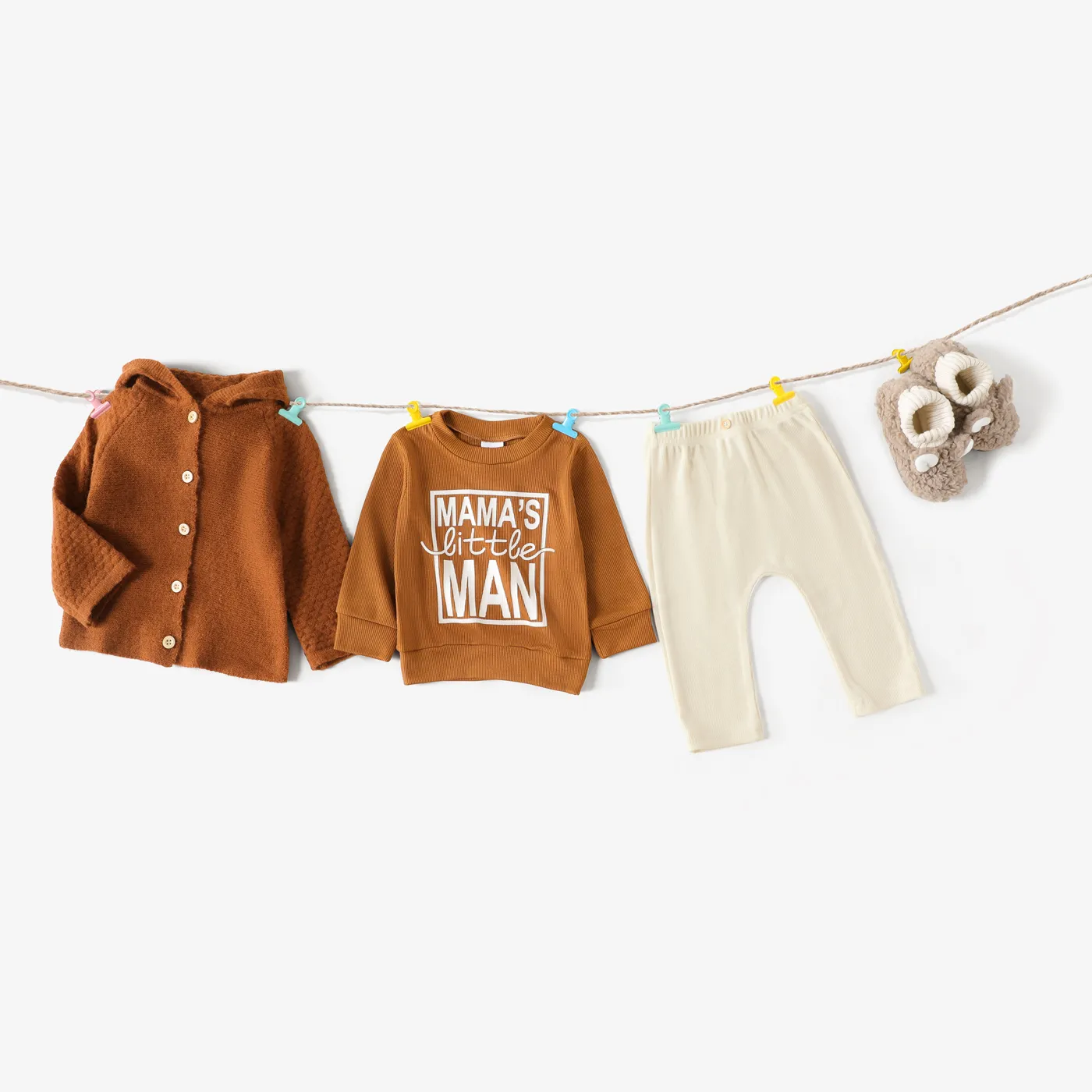 Baby Boy Letter Print Coffee Ribbed Long-sleeve Sweatshirt Coffee image 2