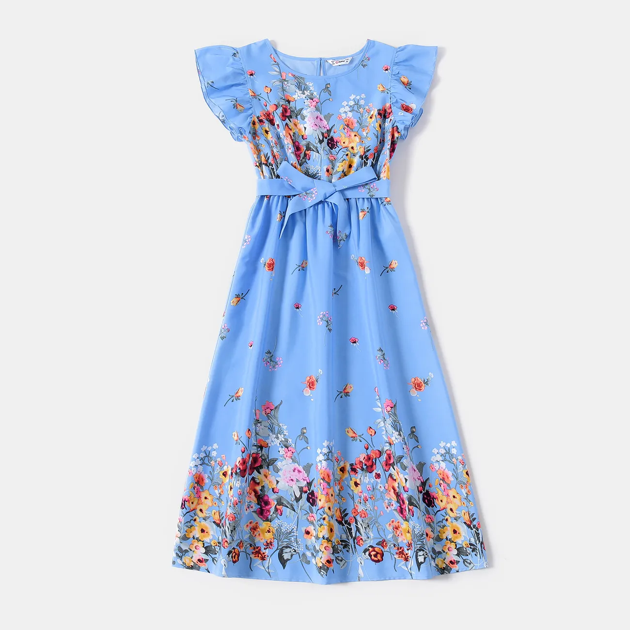 Family Matching Floral Print Ruffle-sleeve Belted Midi Dresses and Striped Short-sleeve T-shirts Sets Blue big image 1
