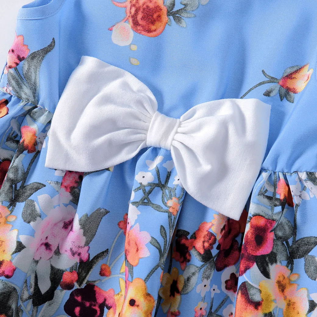 Family Matching Floral Print Ruffle-sleeve Belted Midi Dresses and Striped Short-sleeve T-shirts Sets Blue big image 1