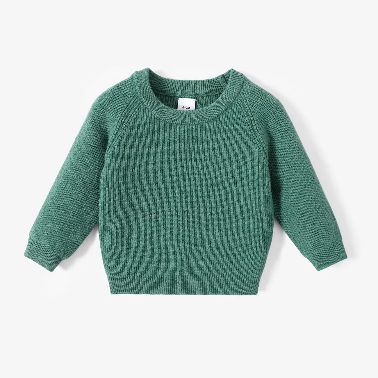 Baby Girl Solid Round Neck Long-sleeve Knitted Pullover Sweater Mint Green big image 1