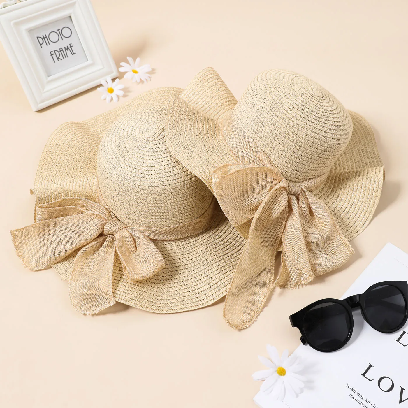 Big Bow Decor Khaki Chapéu de Palha para a mãe e eu Cor Bege