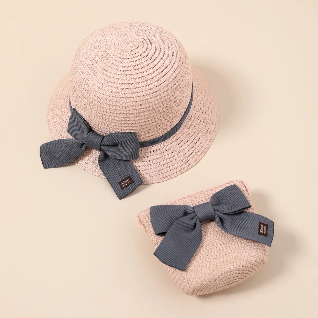 Toddler / Kid Lace-up Bow Straw Bucket Hat and Straw Bag Set for Girls Light Pink big image 1