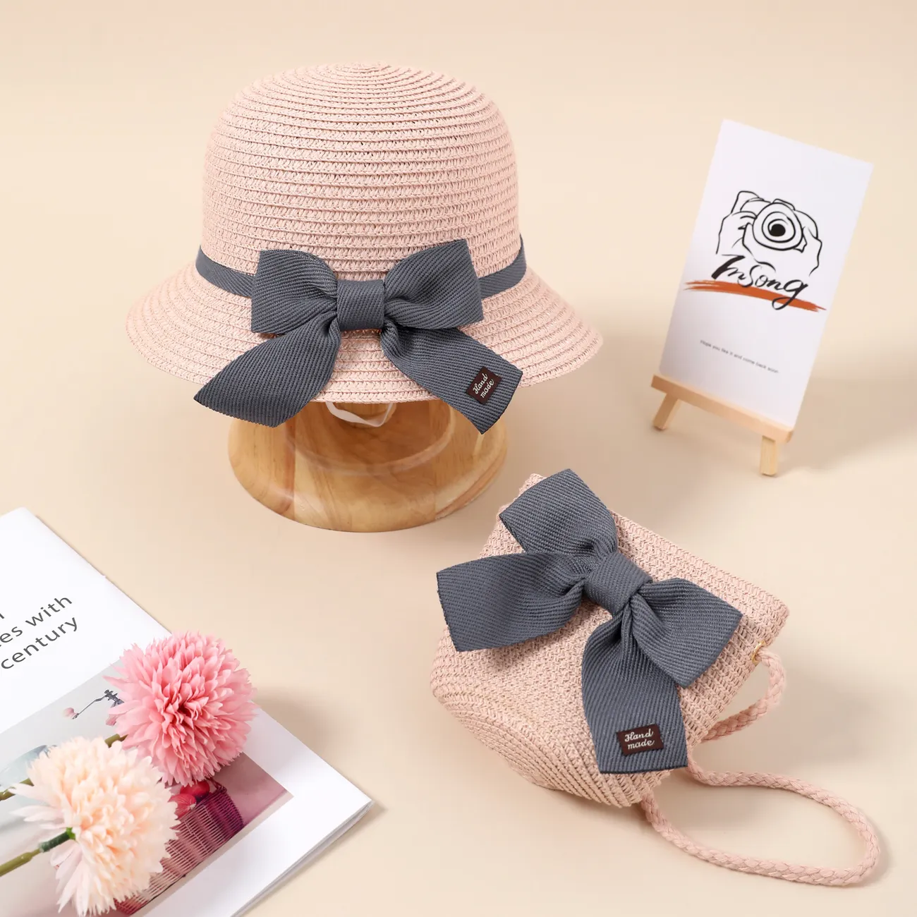 Conjunto de sombrero de cubo de paja con lazo con cordones para niños pequeños / niños y bolso de paja para niñas Rosa claro big image 1