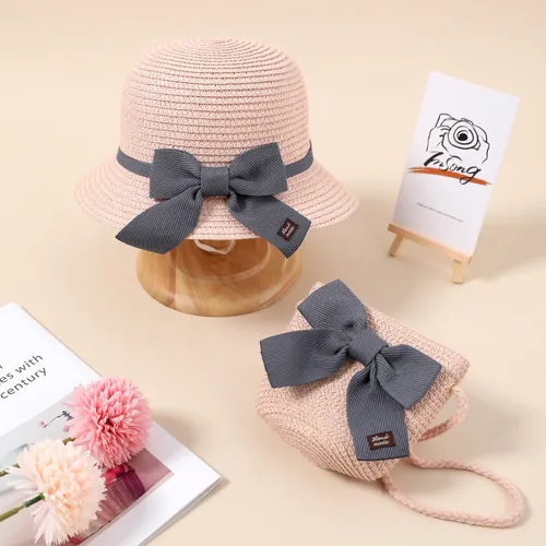 Toddler / Kid Lace-up Bow Straw Bucket Hat and Straw Bag Set for Girls