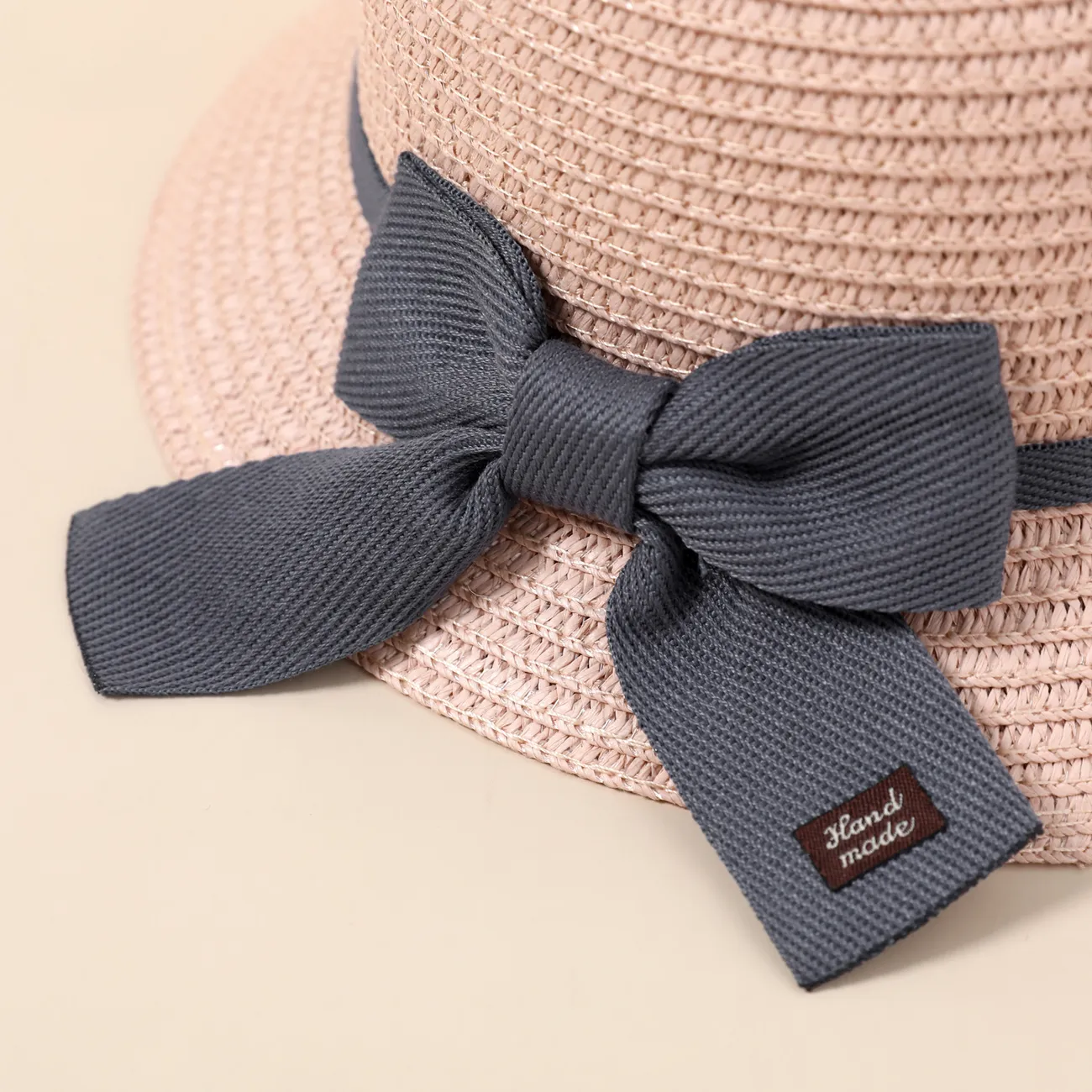 Conjunto de sombrero de cubo de paja con lazo con cordones para niños pequeños / niños y bolso de paja para niñas Rosa claro big image 1