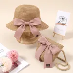 Conjunto de sombrero de cubo de paja con lazo con cordones para niños pequeños / niños y bolso de paja para niñas Caqui