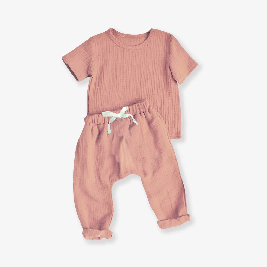Crepe 2pcs Solid Short-sleeve Baby Set Pink big image 1