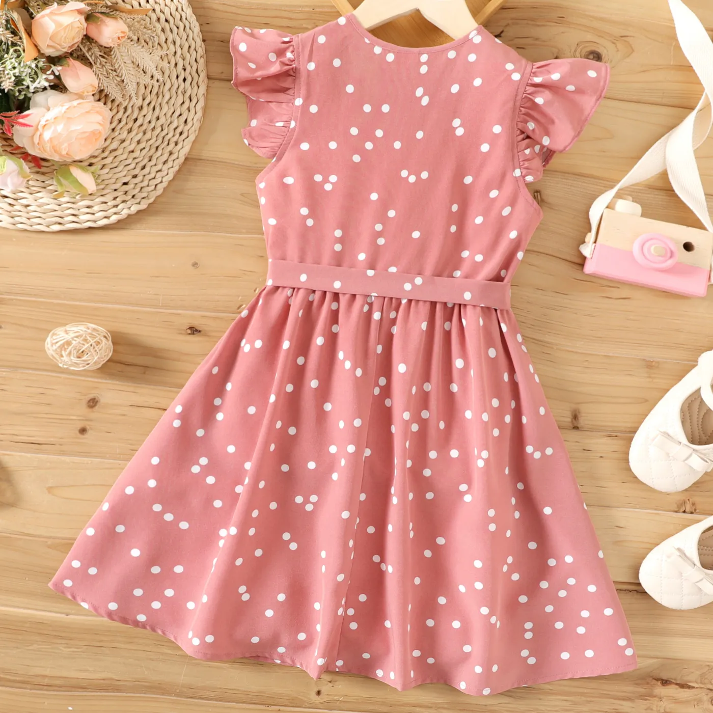 Kid Girl Polka dots Button Design Flutter-sleeve Belted Flutter-sleeve Dress  image 5
