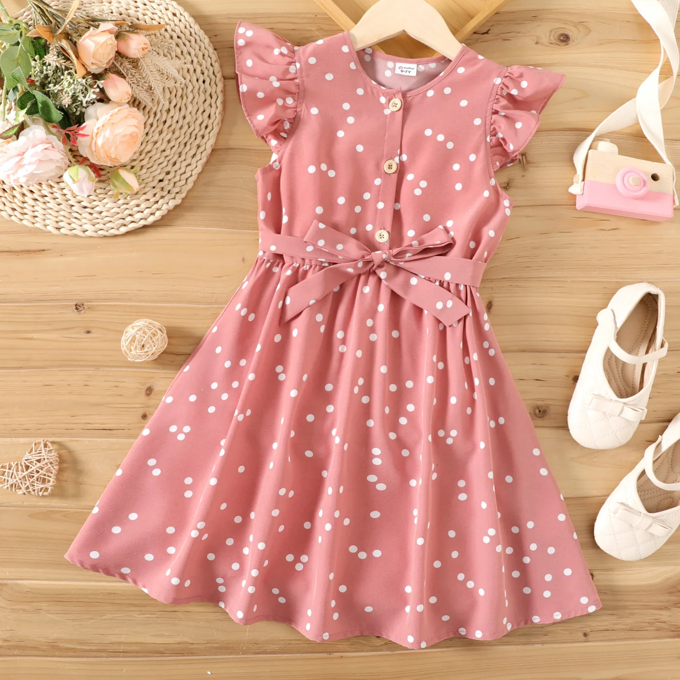 Kid Girl Polka dots Button Design Flutter-sleeve Belted Flutter-sleeve Dress  big image 1