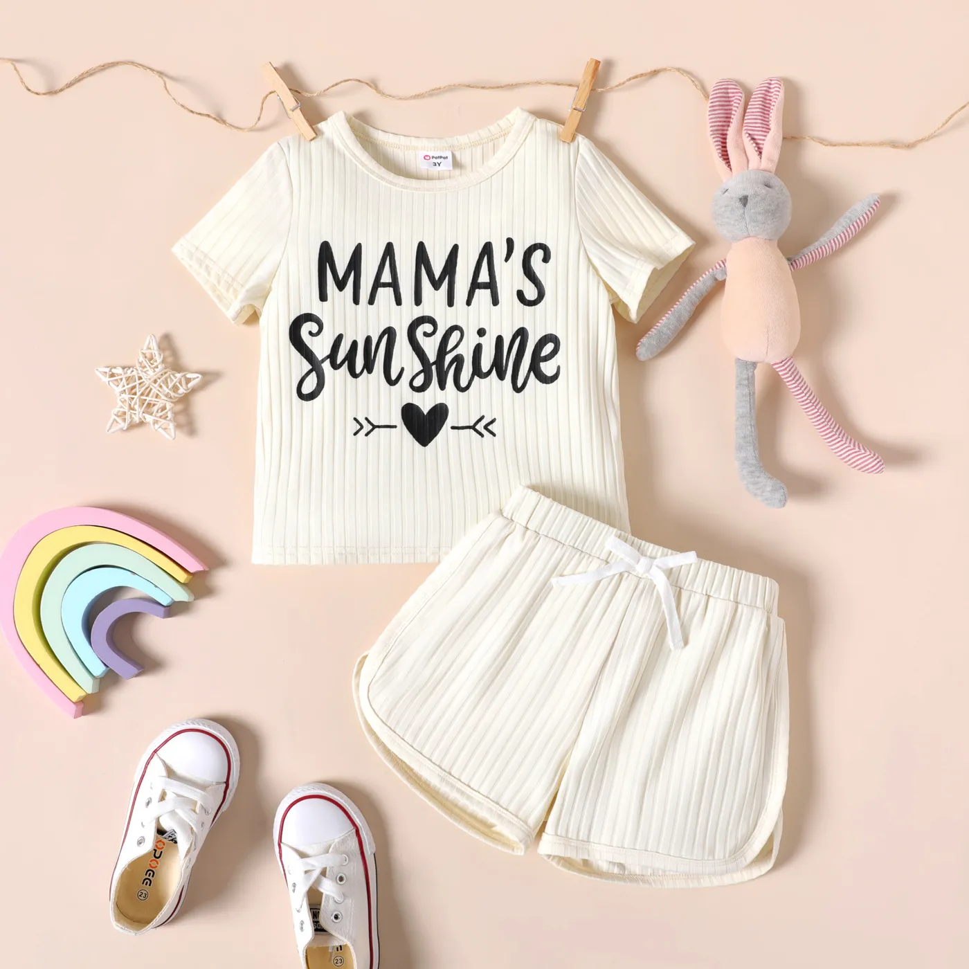 2pcs Toddler Girl Letter Print Ribbed Short-sleeve Tee and Bowknot Design Elasticized Shorts Set MILKWHITE big image 1