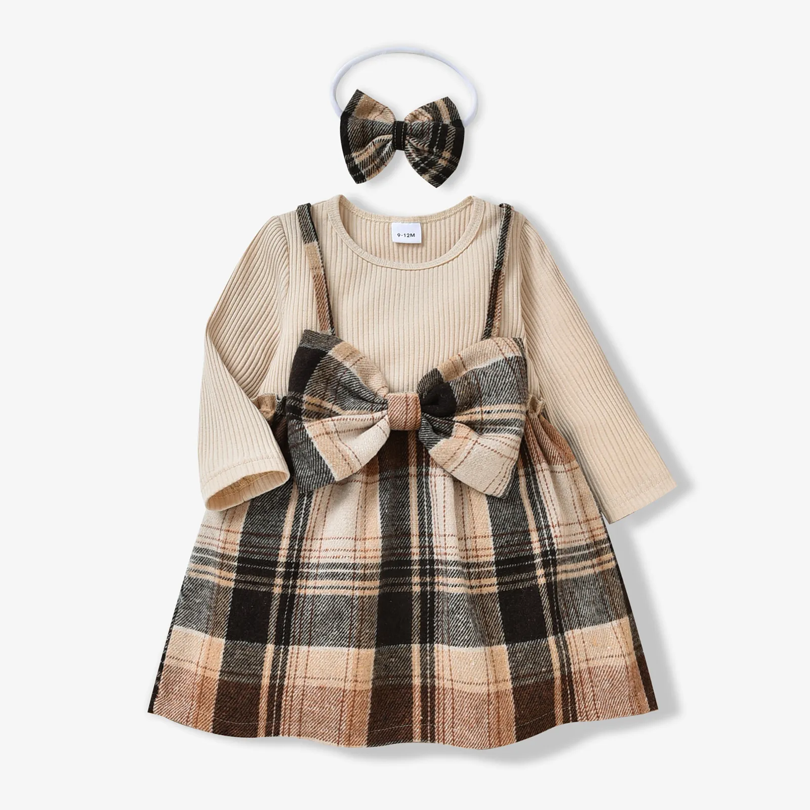 طفل 2 قطعة أبيض مضلع الربط الوردي منقوشة bowknot طويلة الأكمام فو اثنين اللباس مجموعة  big image 1
