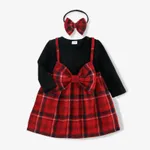 Baby 2pcs White Ribbed Splicing Pink Plaid Bowknot Long-sleeve Faux-two Dress Set Red