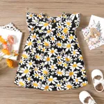100% Cotton Baby Girl All Over Floral Print Flutter-sleeve Loose-fit Dress Black