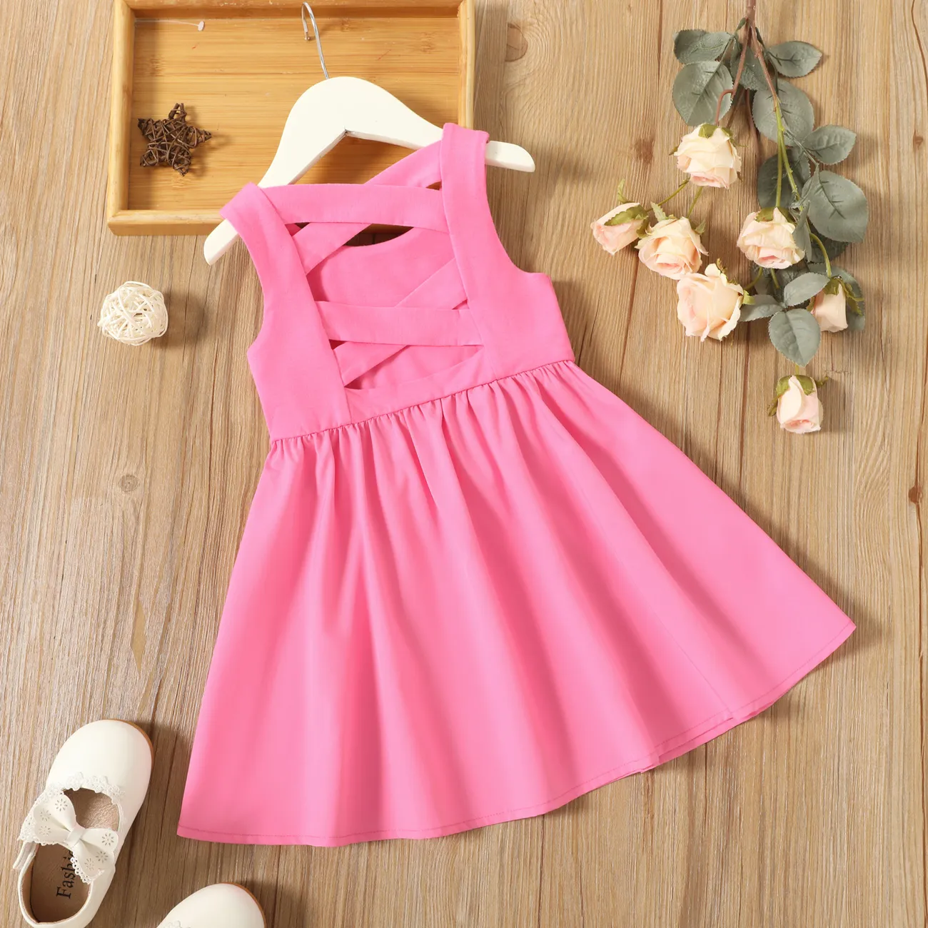 Toddler Girl Solid Color Backless Crisscross Sleeveless Dress Pink big image 1