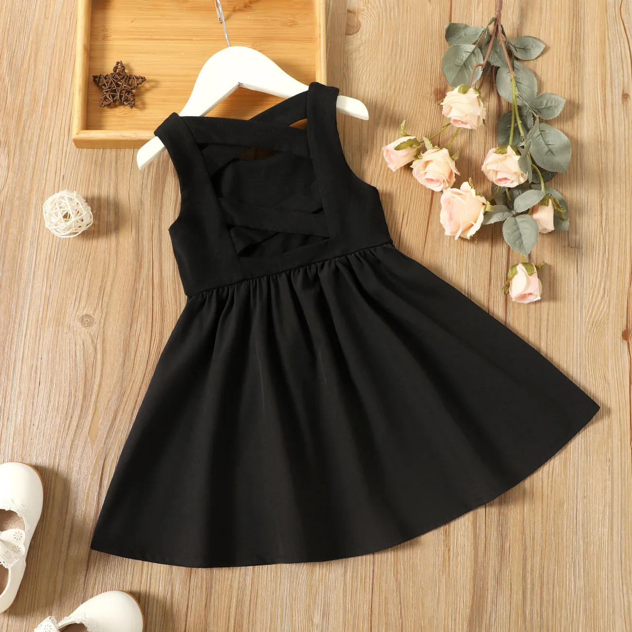 Toddler Girl Solid Color Backless Crisscross Sleeveless Dress Black big image 1