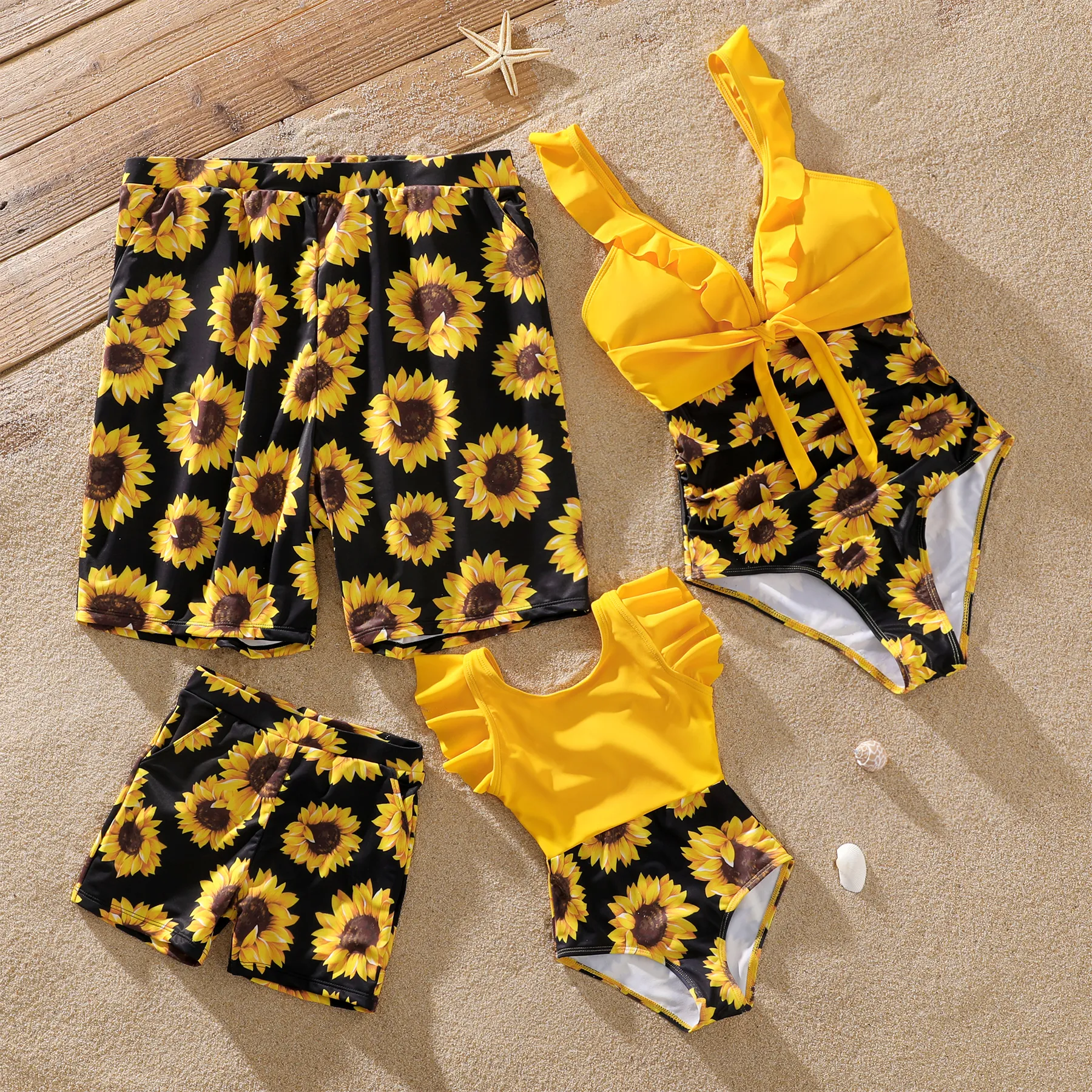 

Family Matching Solid Splicing Sunflower Floral Print Ruffle One-Piece Swimsuit and Swim Trunks Shorts