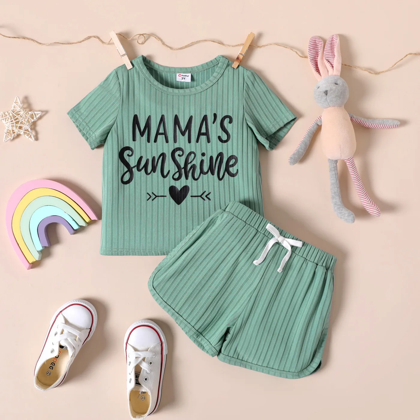 2pcs Toddler Girl Letter Print Ribbed Short-sleeve Tee and Bowknot Design Elasticized Shorts Set GrayGreen