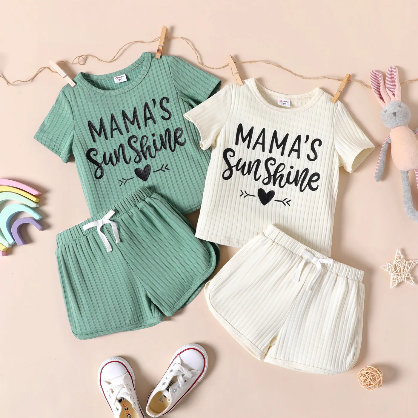 2pcs Toddler Girl Letter Print Ribbed Short-sleeve Tee and Bowknot Design Elasticized Shorts Set MILKWHITE image 2