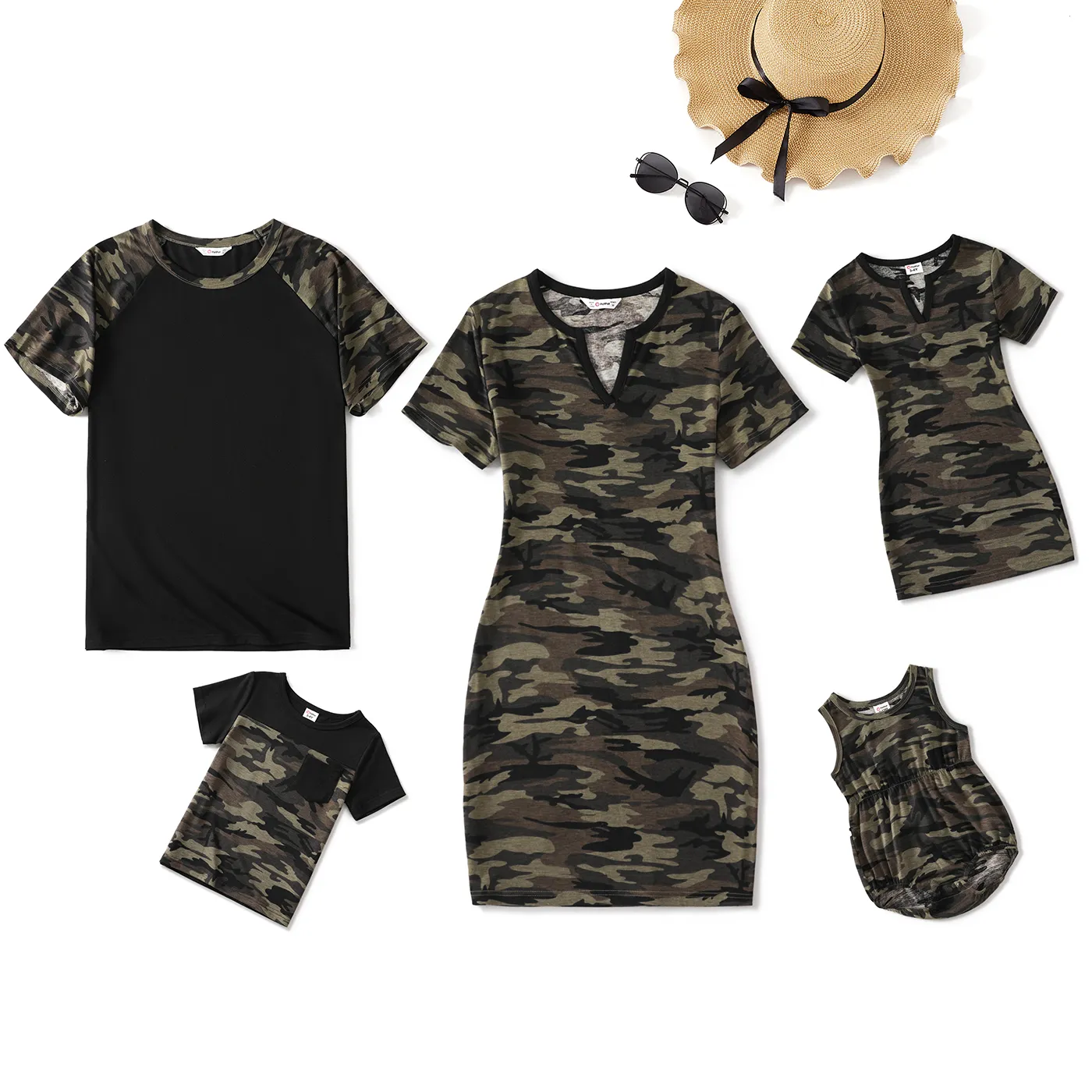 

Family Matching Camouflage Short-sleeve V Neck Bodycon Dresses and Splicing T-shirts Sets