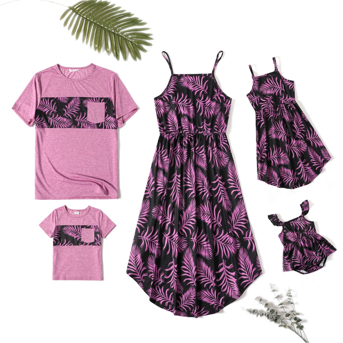 

Family Matching All Over Palm Leaf Print Spaghetti Strap Midi Dresses and Short-sleeve T-shirts Sets