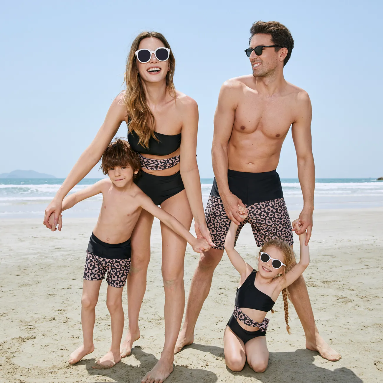 Family Matching Leopard Splice Black Swim Trunks Shorts and One Shoulder Self Tie One-Piece Swimsuit Black big image 1