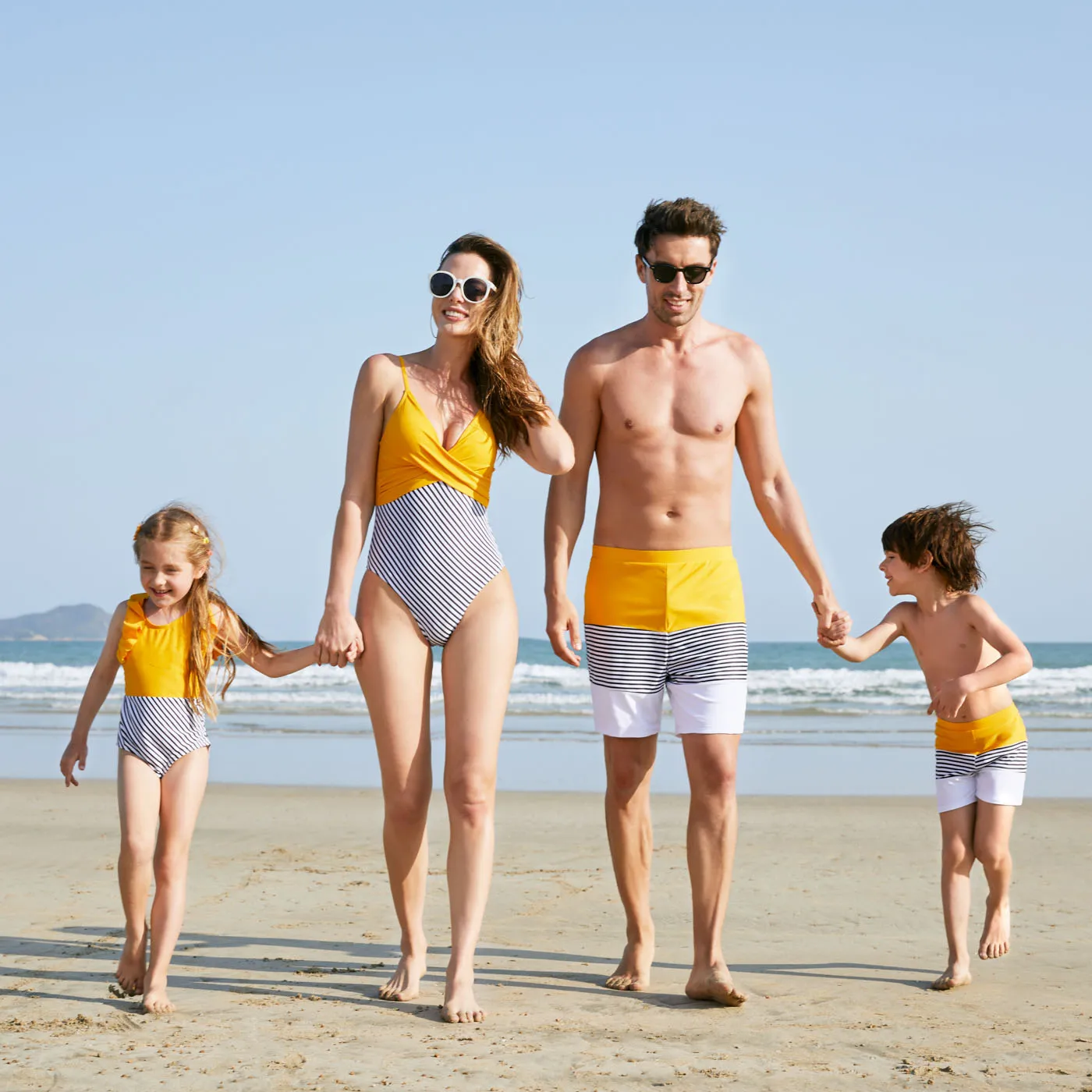 Family Matching Striped Colorblock Swim Trunks Shorts and Spaghetti Strap Splicing One-Piece Swimsuit Rudbeckia yellow image 5