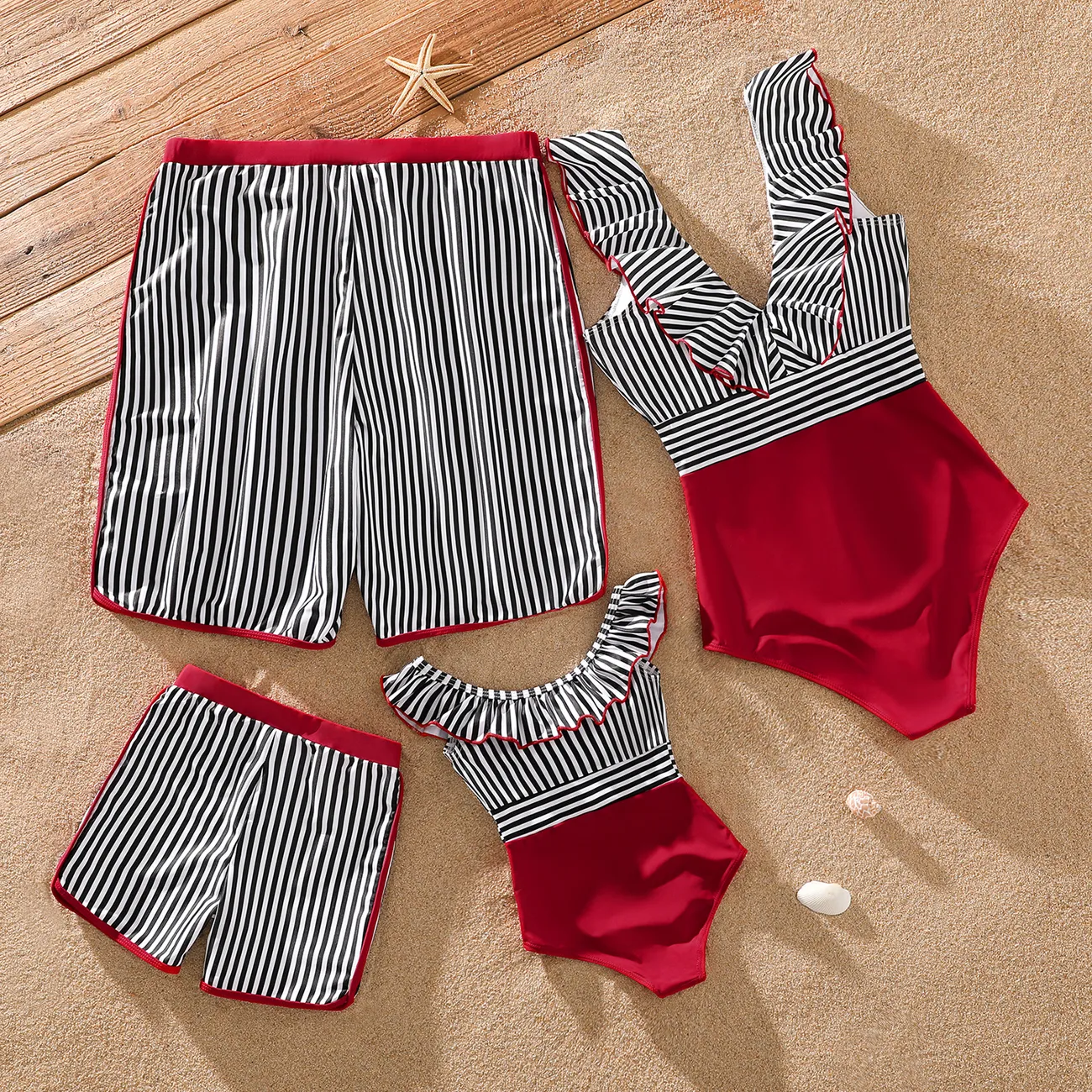 Family Matching Striped Swim Trunks Shorts and Ruffle Splicing One-Piece Swimsuit REDWHITE big image 1