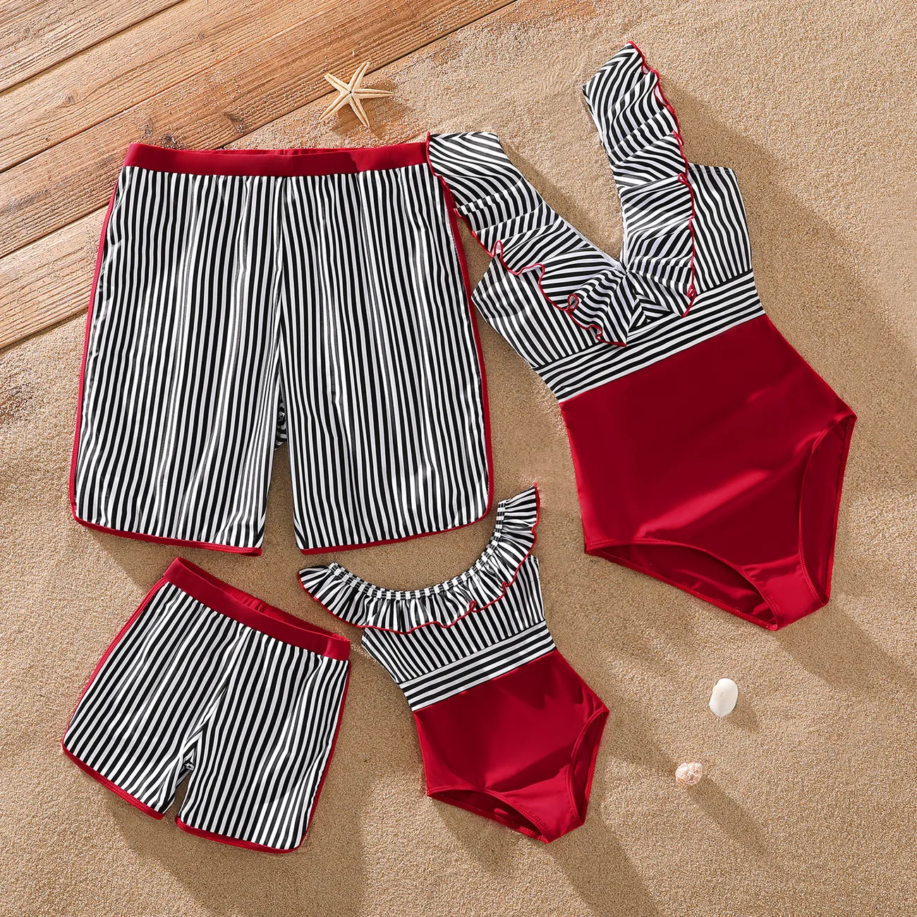 Family Matching Striped Swim Trunks Shorts and Ruffle Splicing One-Piece Swimsuit REDWHITE big image 1