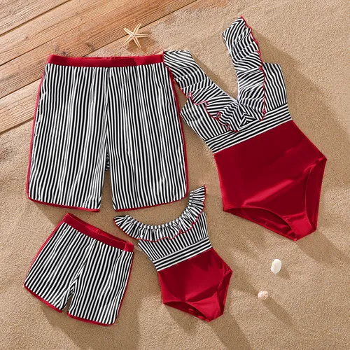 Family Matching Striped Swim Trunks Shorts and Ruffle Splicing One-Piece Swimsuit