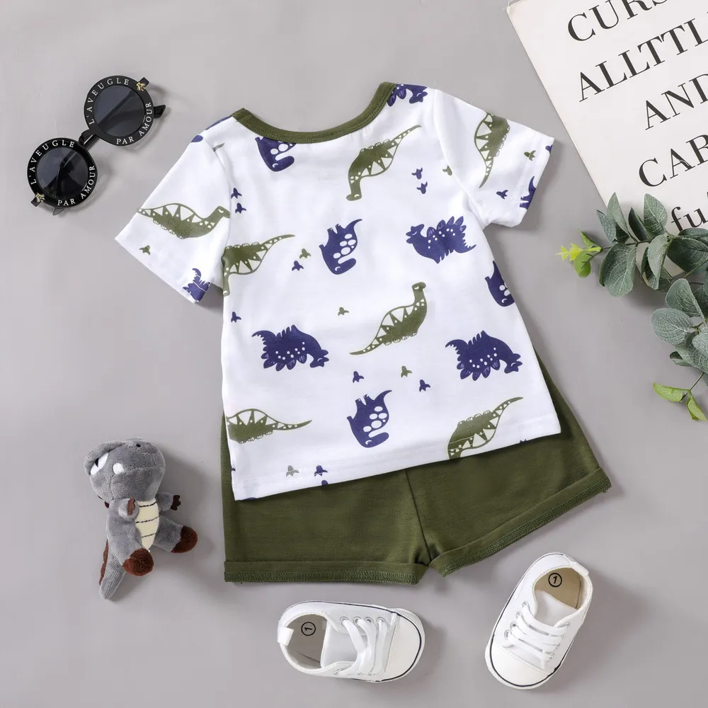 2pcs Baby Boy All Over Dinosaur Print Short-sleeve Tee and Solid Shorts Set  big image 2