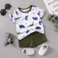 2pcs Baby Boy All Over Dinosaur Print Short-sleeve Tee and Solid Shorts Set  image 1