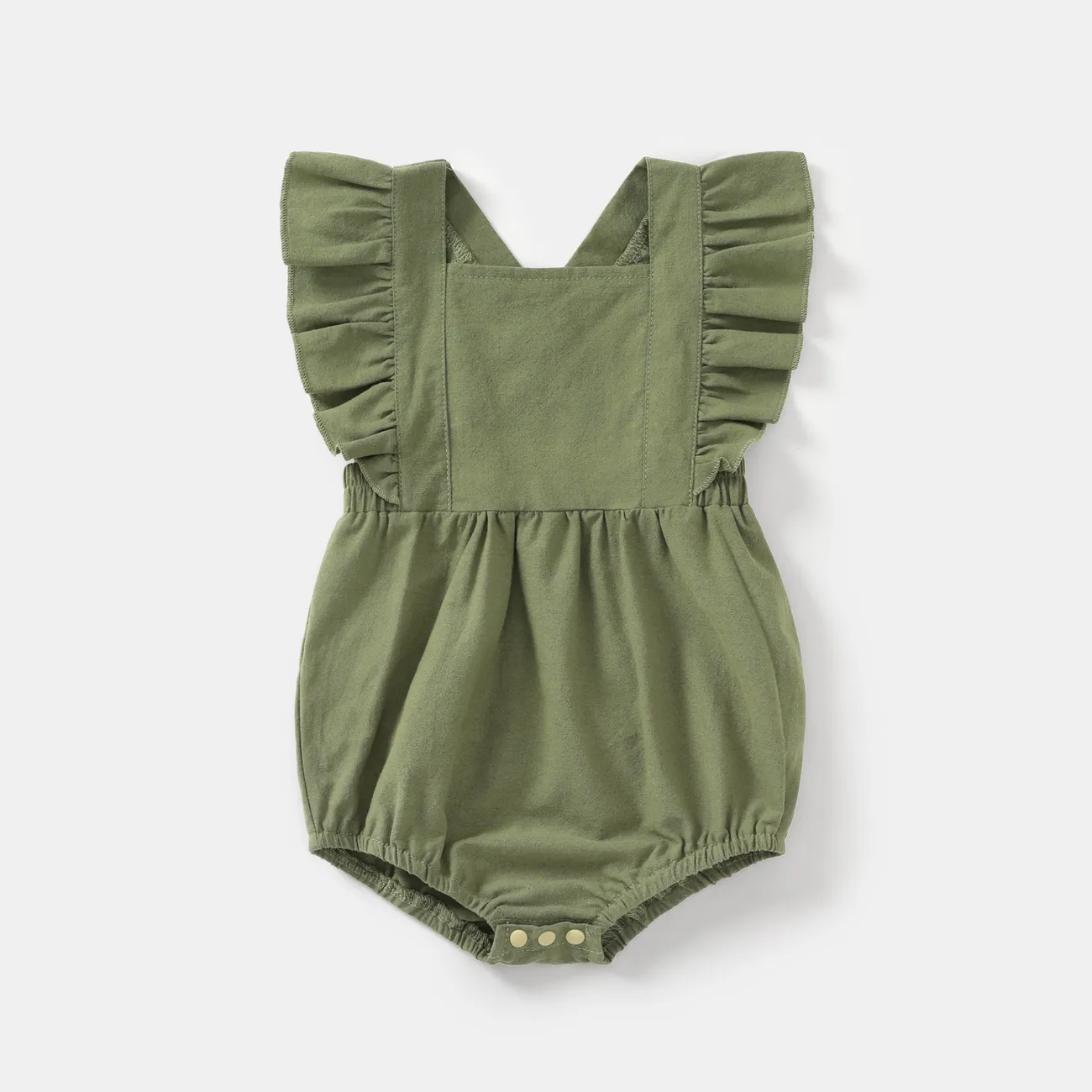 100% Cotton Ribbed and Solid Splicing Sleeveless Belted Romper for Mom and Me Army green big image 1