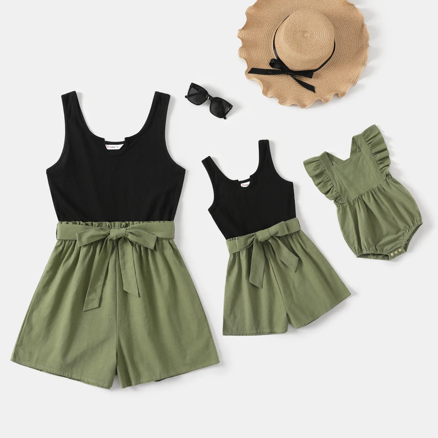 100% Cotton Ribbed and Solid Splicing Sleeveless Belted Romper for Mom and Me