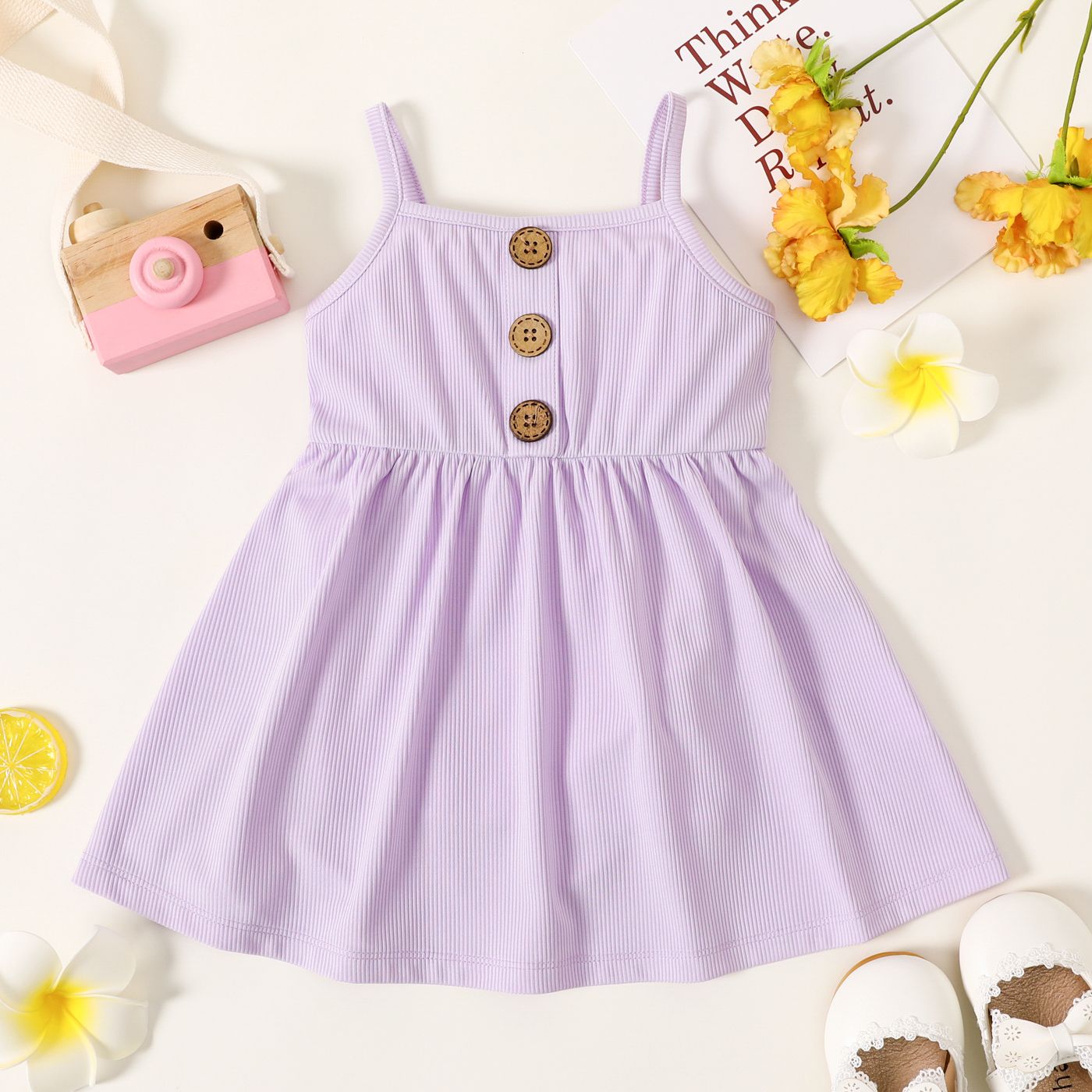 

Baby Girl Button Design Solid Sleeveless Spaghetti Strap Dress