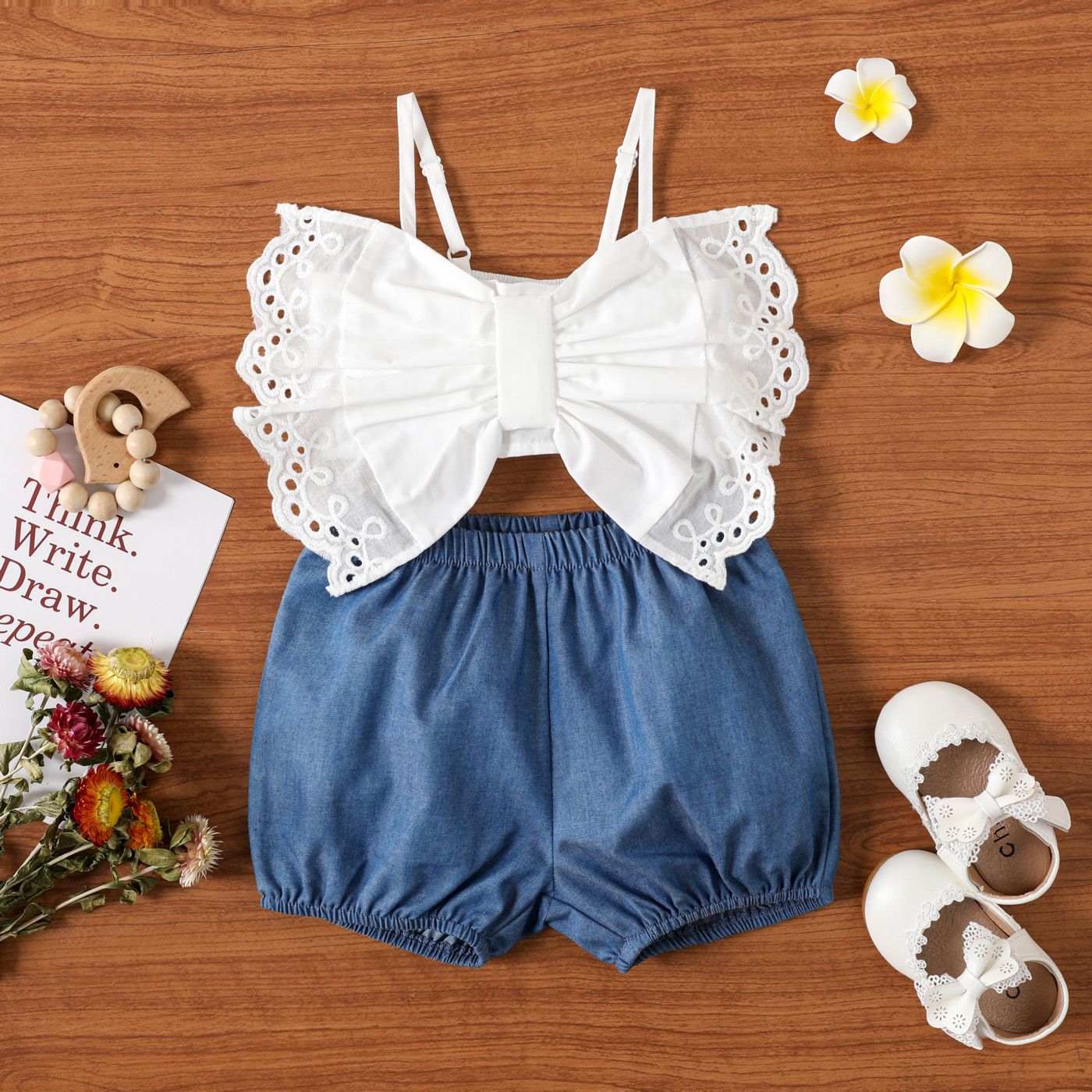 

2pcs Baby Girl Spaghetti Strap Hollow Out Bowknot Crop Top and Imitation Denim Shorts Set