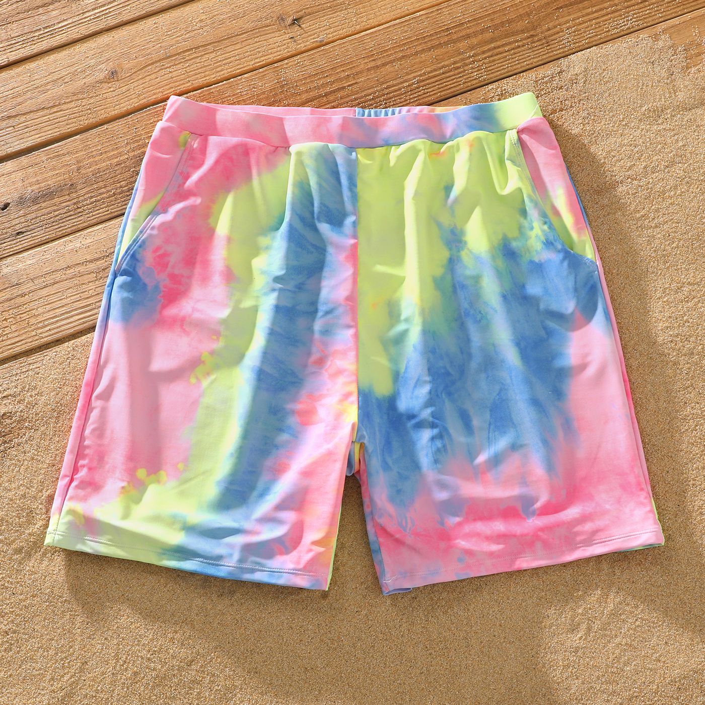 Family Matching Tie Dye V Neck Self-tie Hollow Out Spaghetti Strap One-Piece Swimsuit And Swim Trunks Shorts