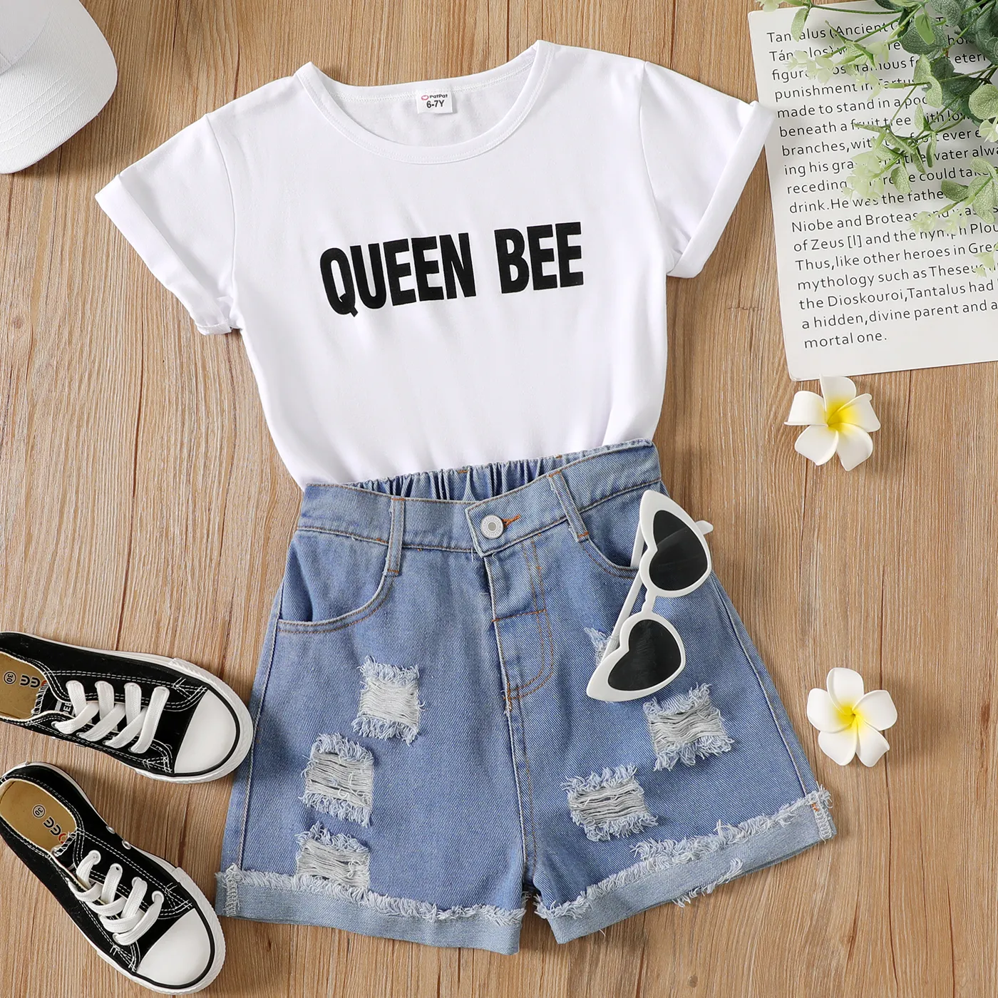2pcs Kid Girl letter hole Short sleeve top +shorts suit