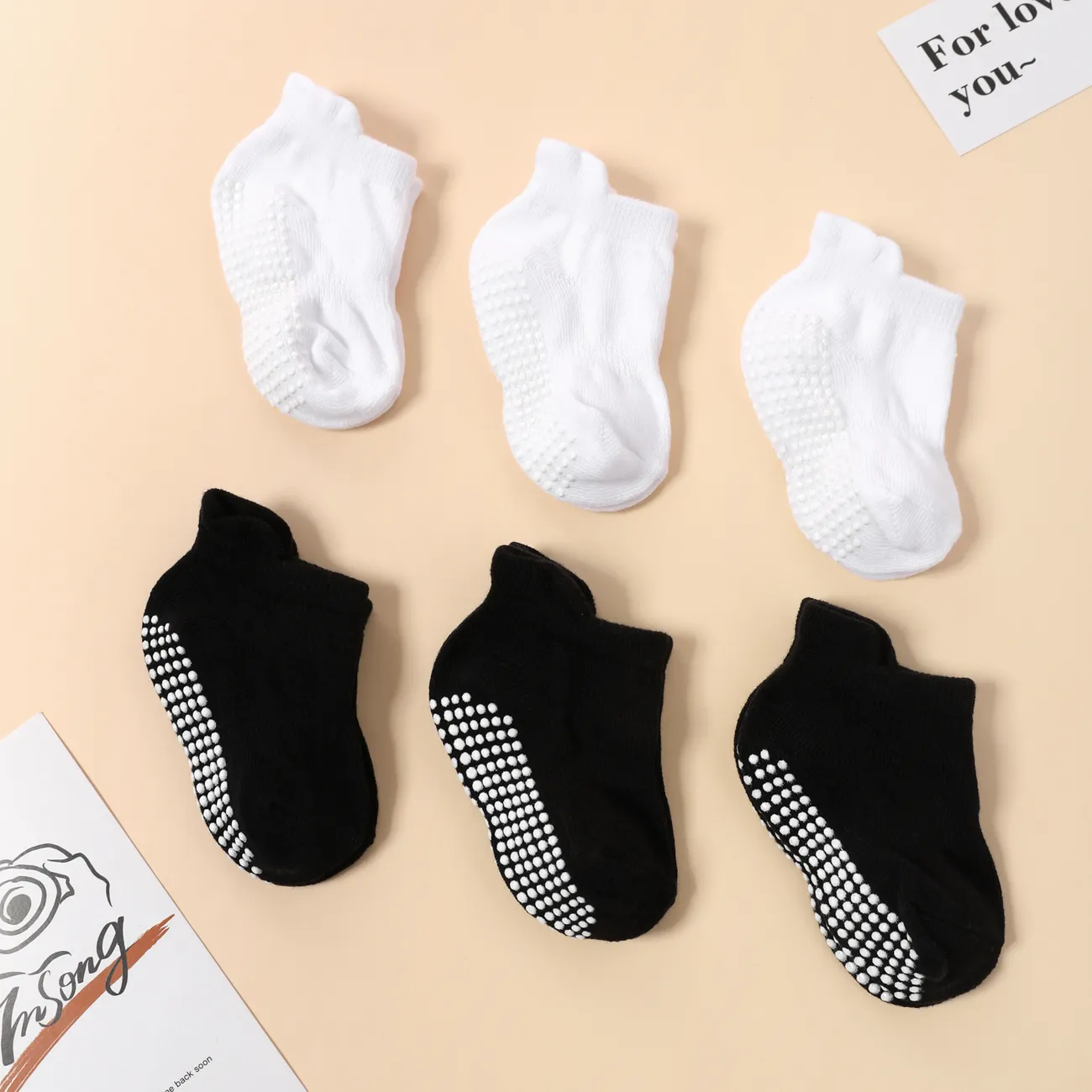 6 paires de chaussettes antidérapantes solides simples pour bébé Noir big image 1