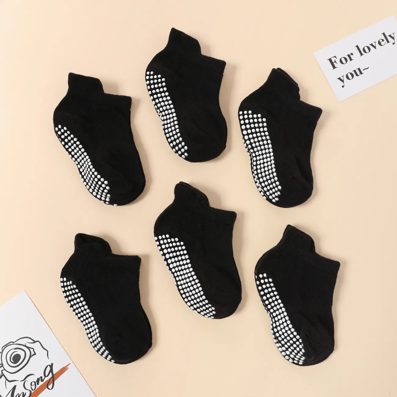 6-pairs Baby Simple Solid Non-slip Glue Grip Socks Black big image 1