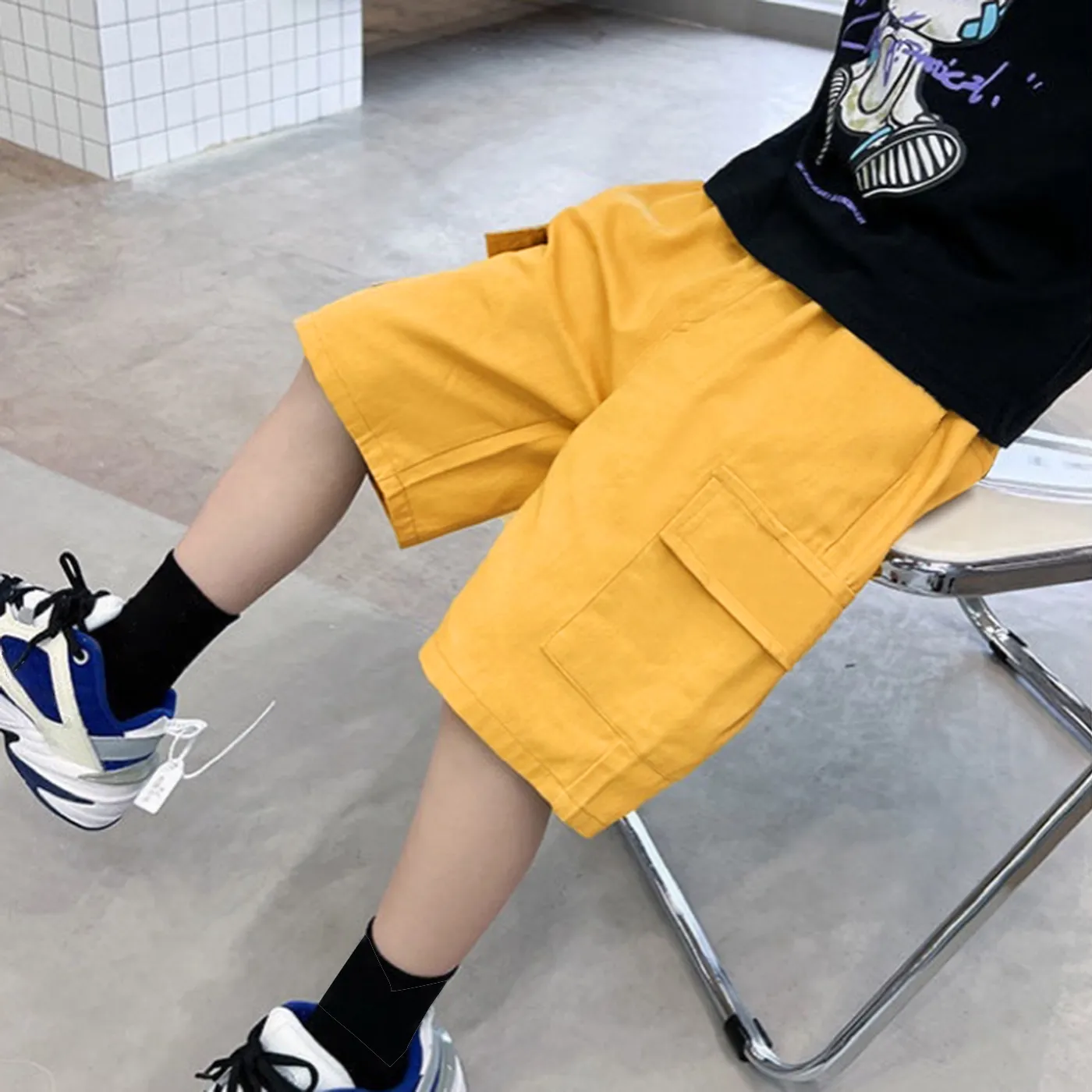 Kid Boy Solid Color Pocket Design Elasticized Shorts Yellow image 3
