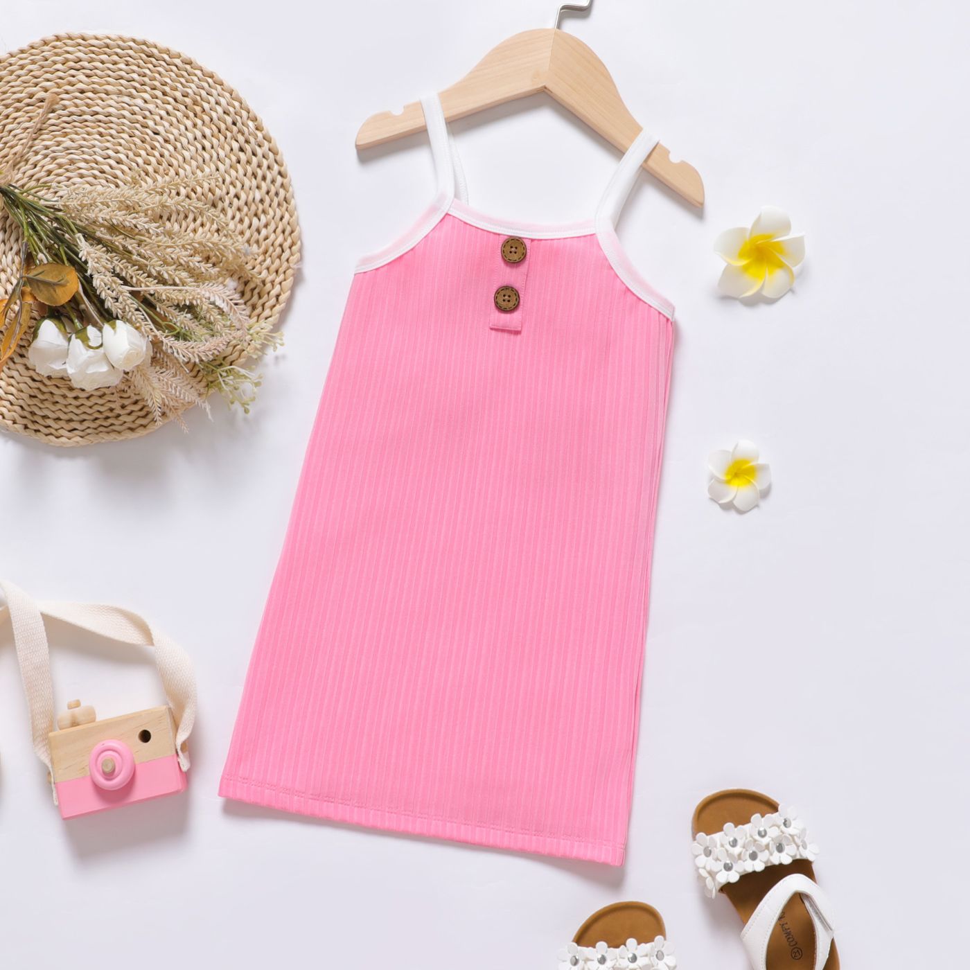 

Toddler Girl Button Design Ribbed Cami Dress
