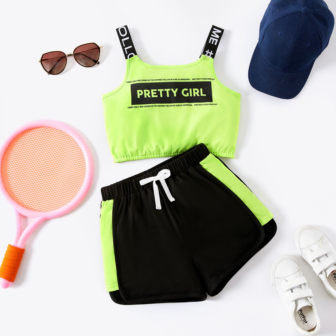 

2pcs Kid Girl Letter Print Camisole and Colorblock Shorts Sporty Set