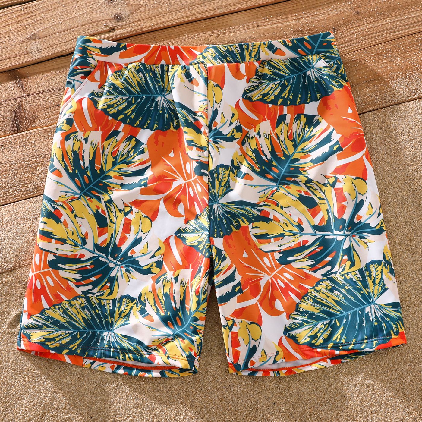 Family Matching Orange And All Over Tropical Plant Print Splicing Ruffle One-Piece Swimsuit And Swim Trunks Shorts