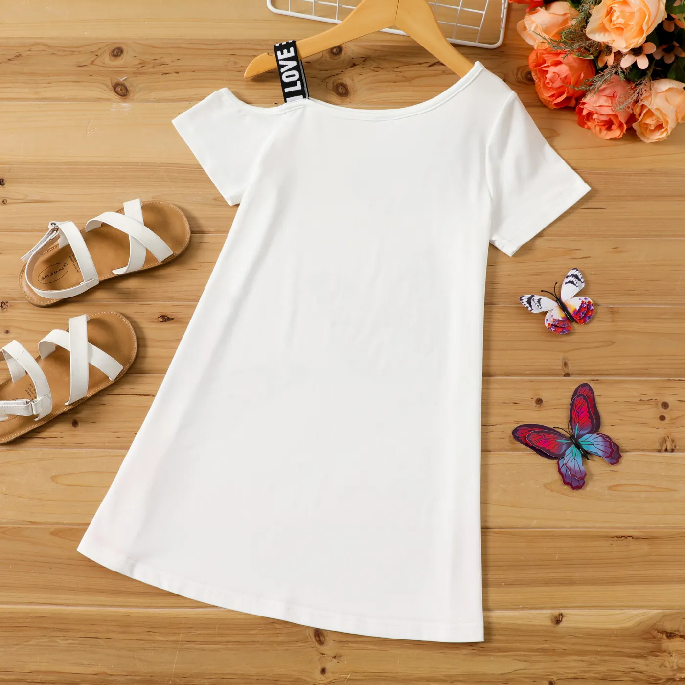 Kid Girl Butterfly Print Colorblock Cold Shoulder Short-sleeve Dress White image 6
